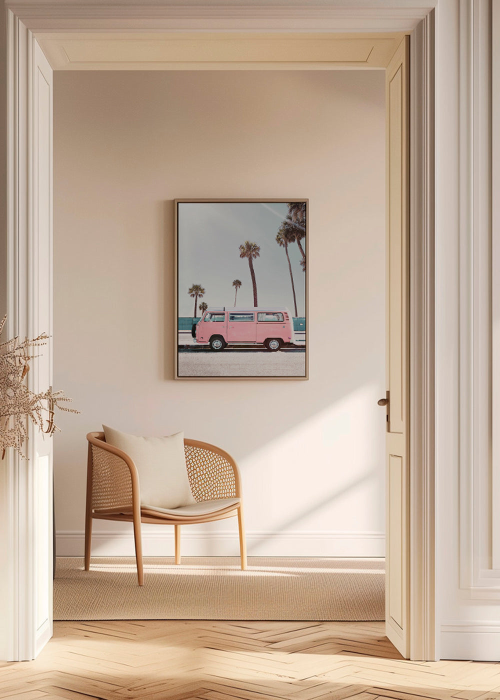 Fotografie roze busje met palmbomen