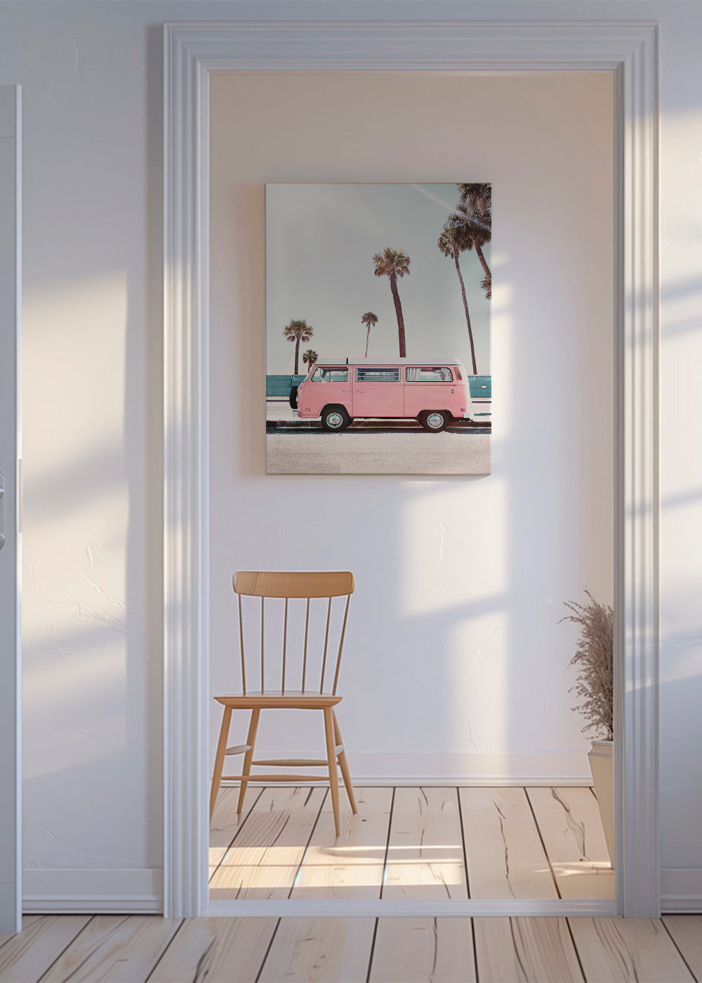 Fotografie roze busje met palmbomen