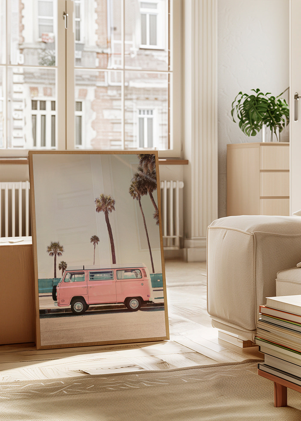 Fotografie roze busje met palmbomen
