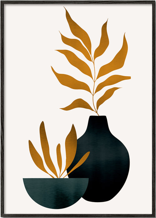 Botanische print met mosterdbladeren en vaas