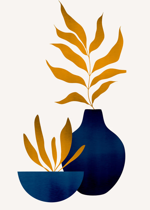 Botanische print met gouden bladeren en blauwe vaas