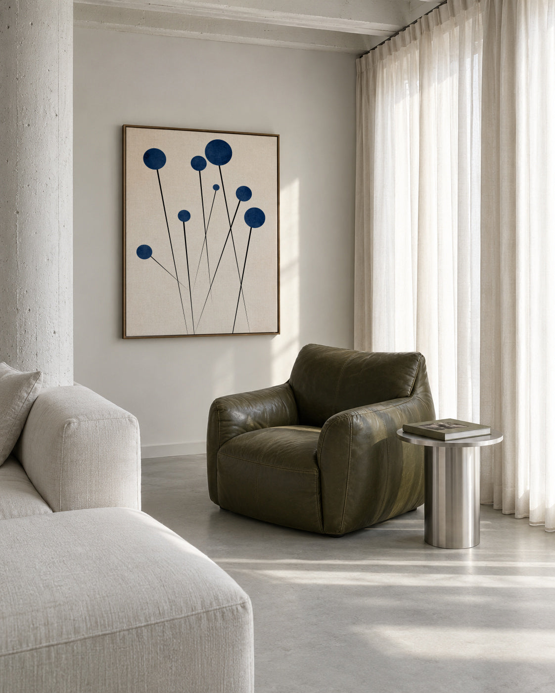 Blue Flowers In The Wilderness - Framed canvas in an interior