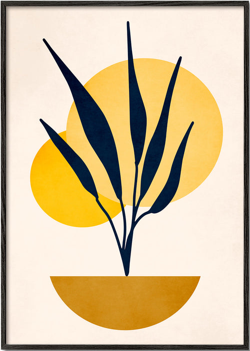 Botanische print met blauwe bladeren en zonnencirkels