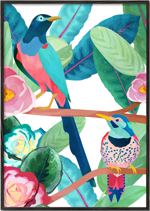 Illustratie vogels en bloemen op tak