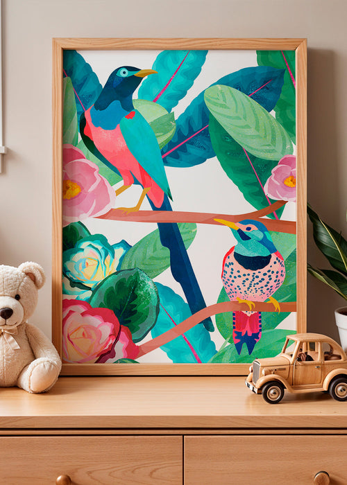 Illustratie vogels en bloemen op tak