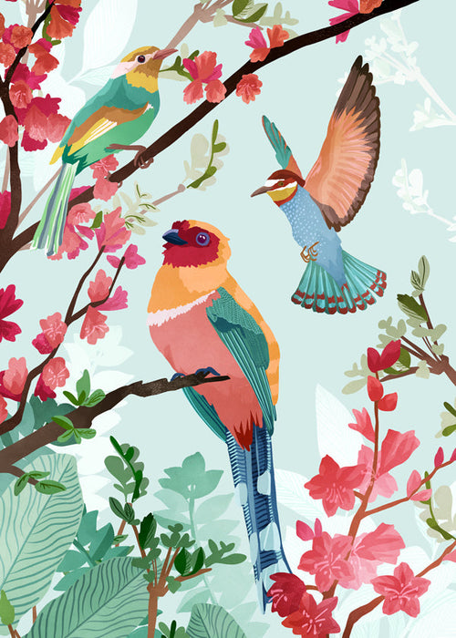 Illustratie vogels en bloemen