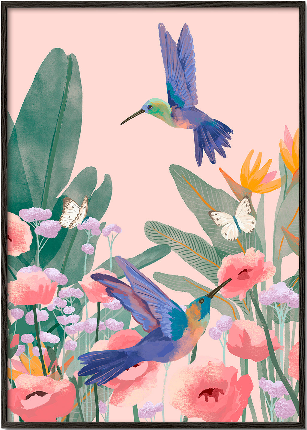 Botanische poster met kolibries en bloemen op roze achtergrond