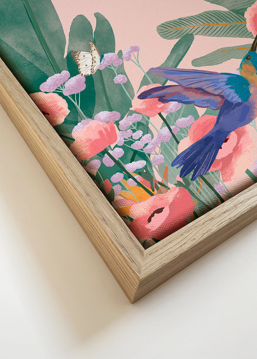 Botanische poster met kolibries en bloemen op roze achtergrond
