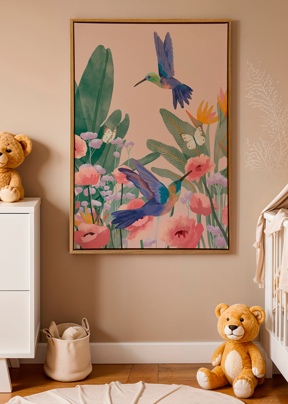 Botanische poster met kolibries en bloemen op roze achtergrond