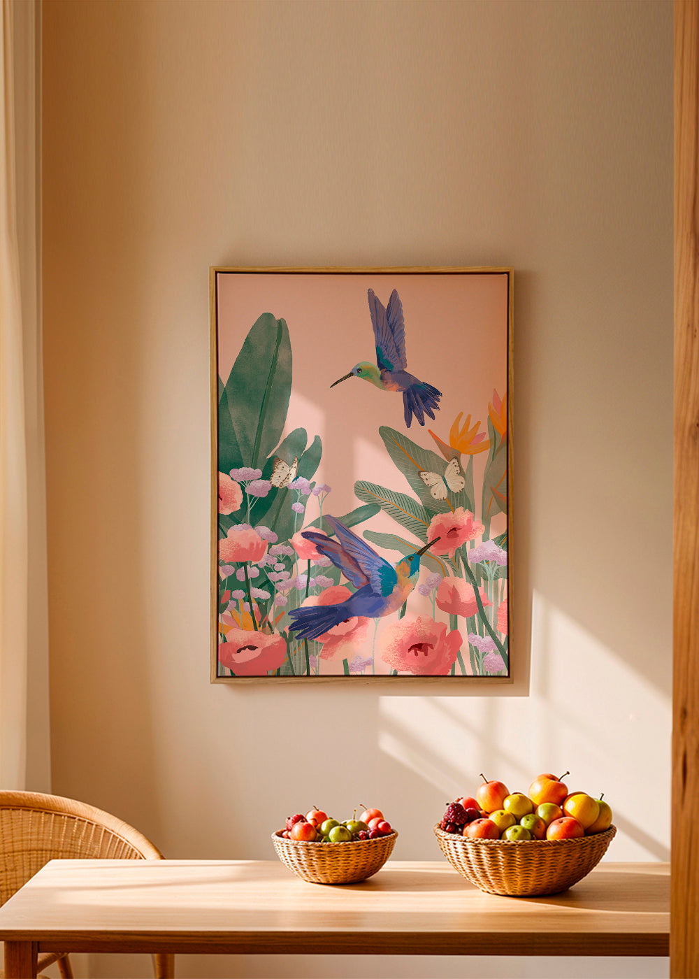 Botanische poster met kolibries en bloemen op roze achtergrond