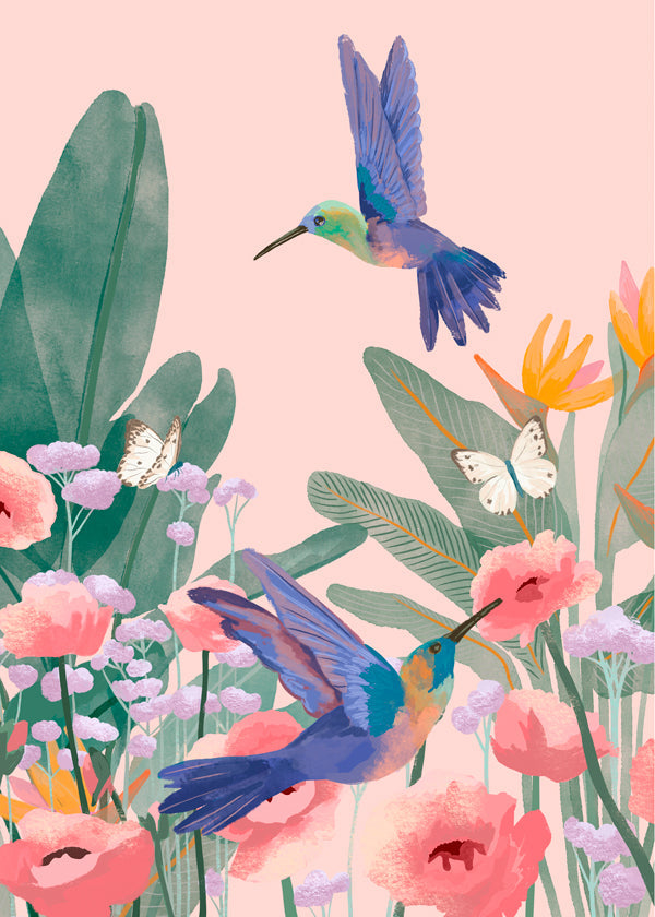 Botanische poster met kolibries en bloemen op roze achtergrond