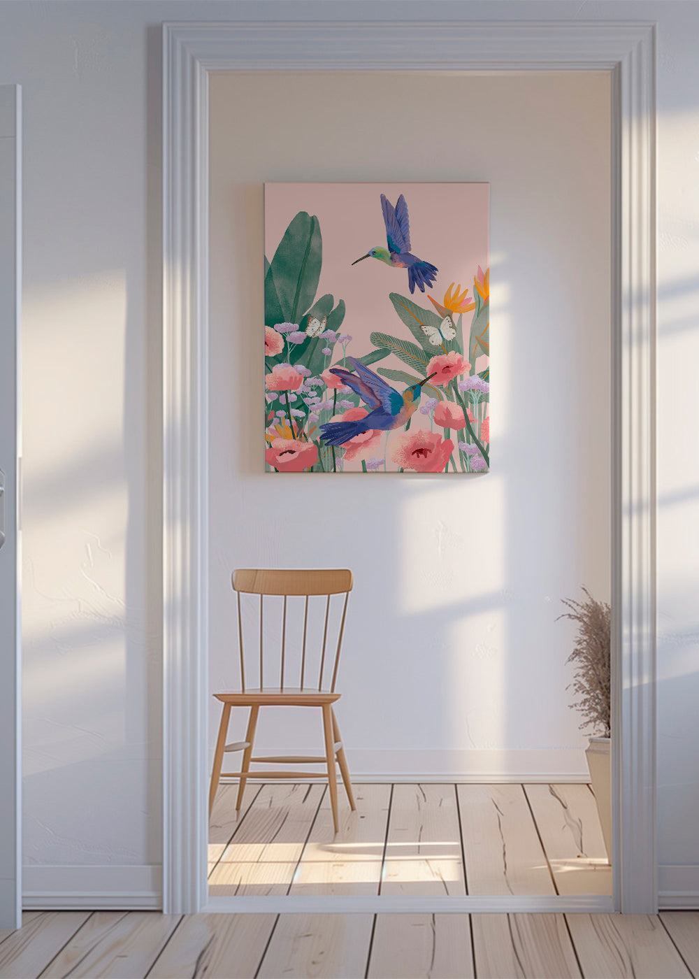 Botanische poster met kolibries en bloemen op roze achtergrond