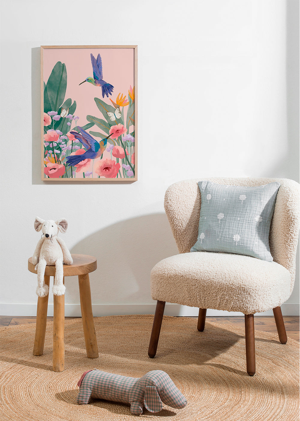 Botanische poster met kolibries en bloemen op roze achtergrond