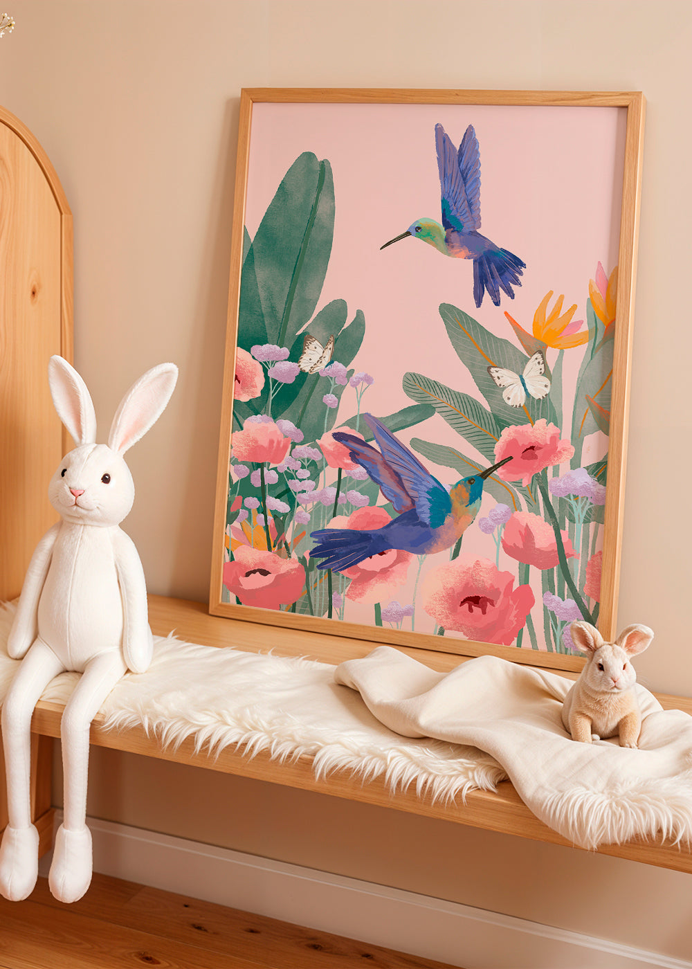Botanische poster met kolibries en bloemen op roze achtergrond