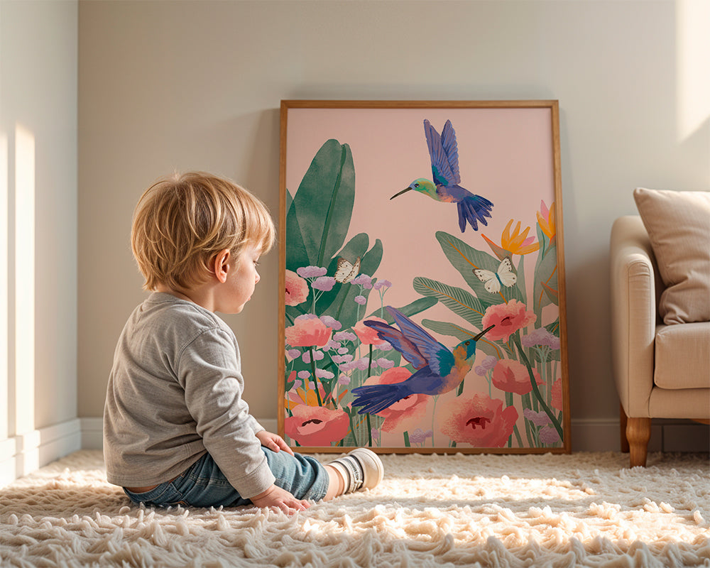 Botanische poster met kolibries en bloemen op roze achtergrond