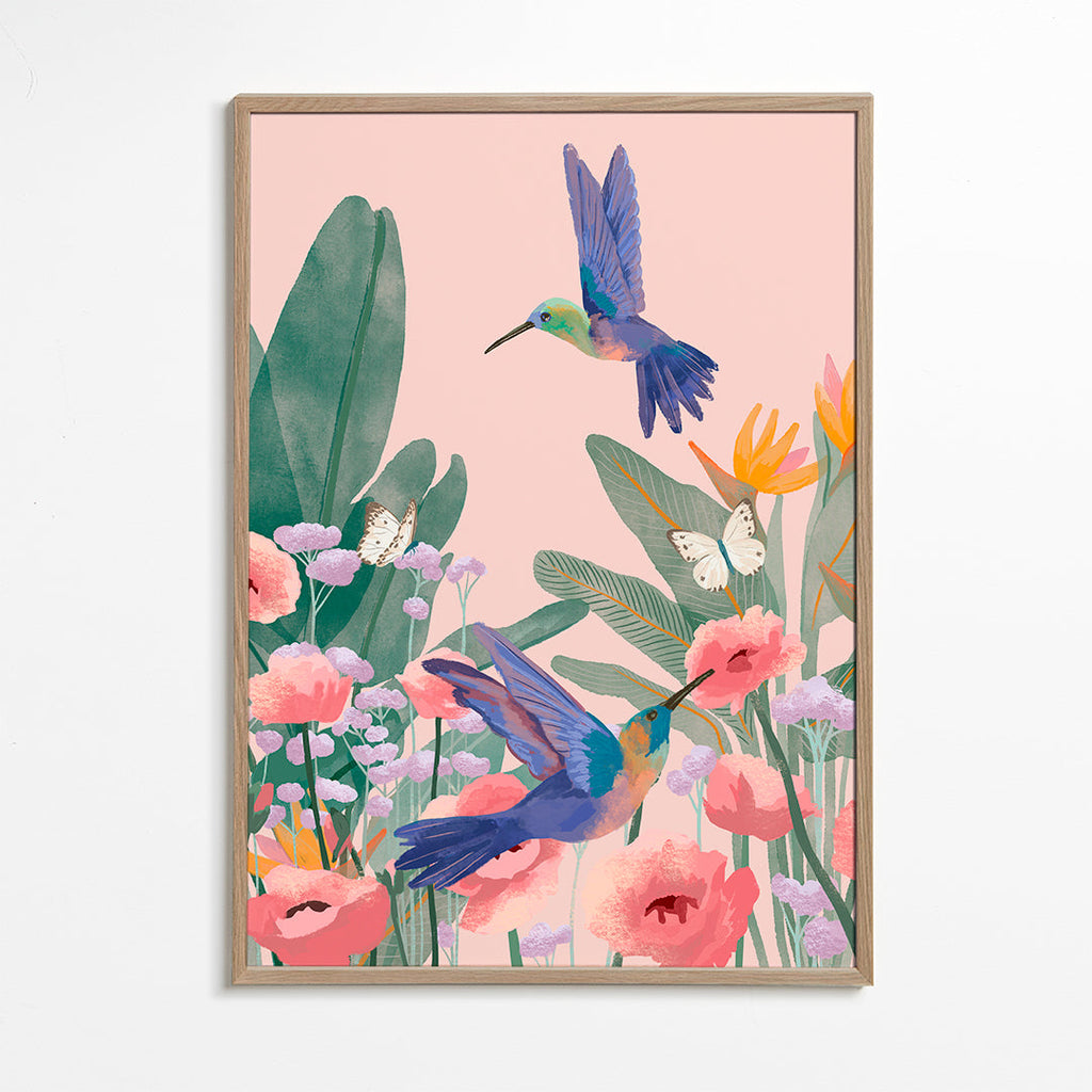 Botanische poster met kolibries en bloemen op roze achtergrond
