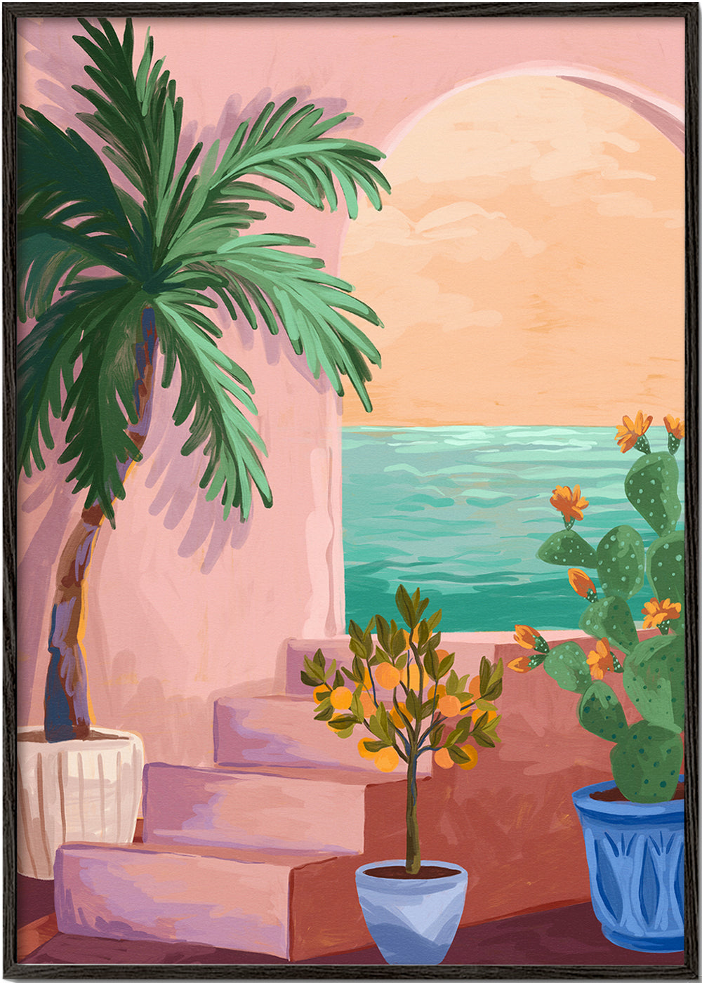 Botanische scène met palm en cactus