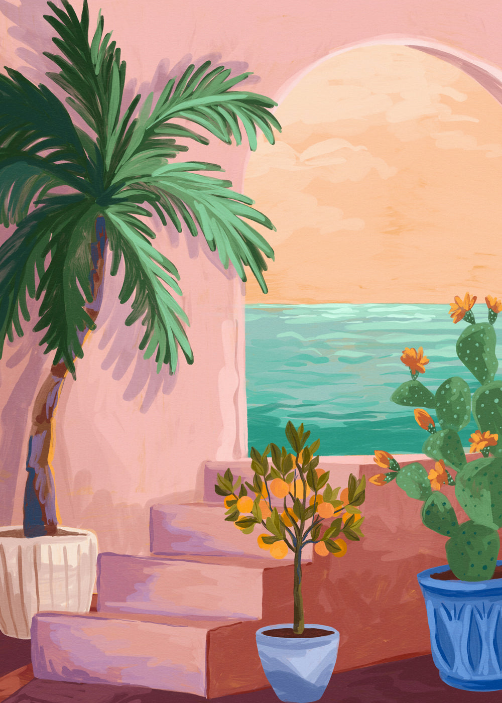 Botanische scène met palm en cactus