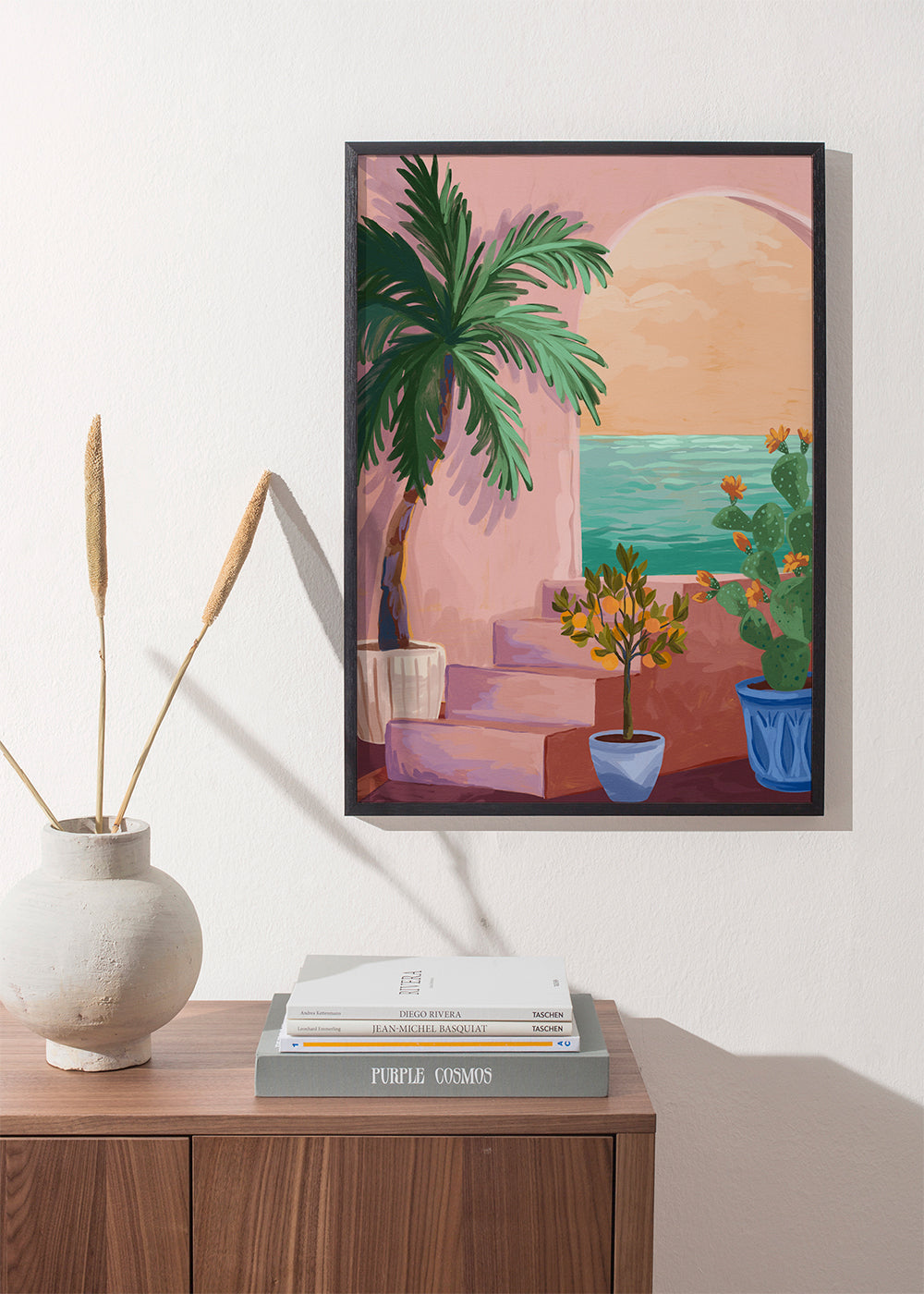 Botanische scène met palm en cactus