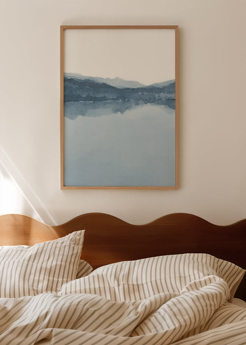 Landschap kunst aquarel met blauwe reflectie
