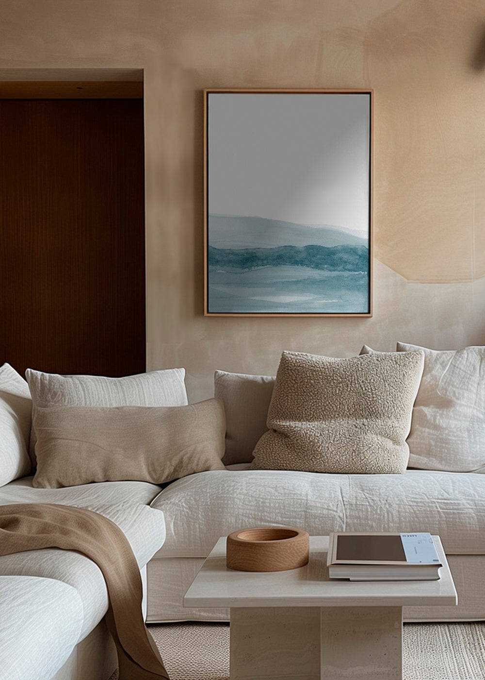 Landschap kunst aquarel met blauwe horizon