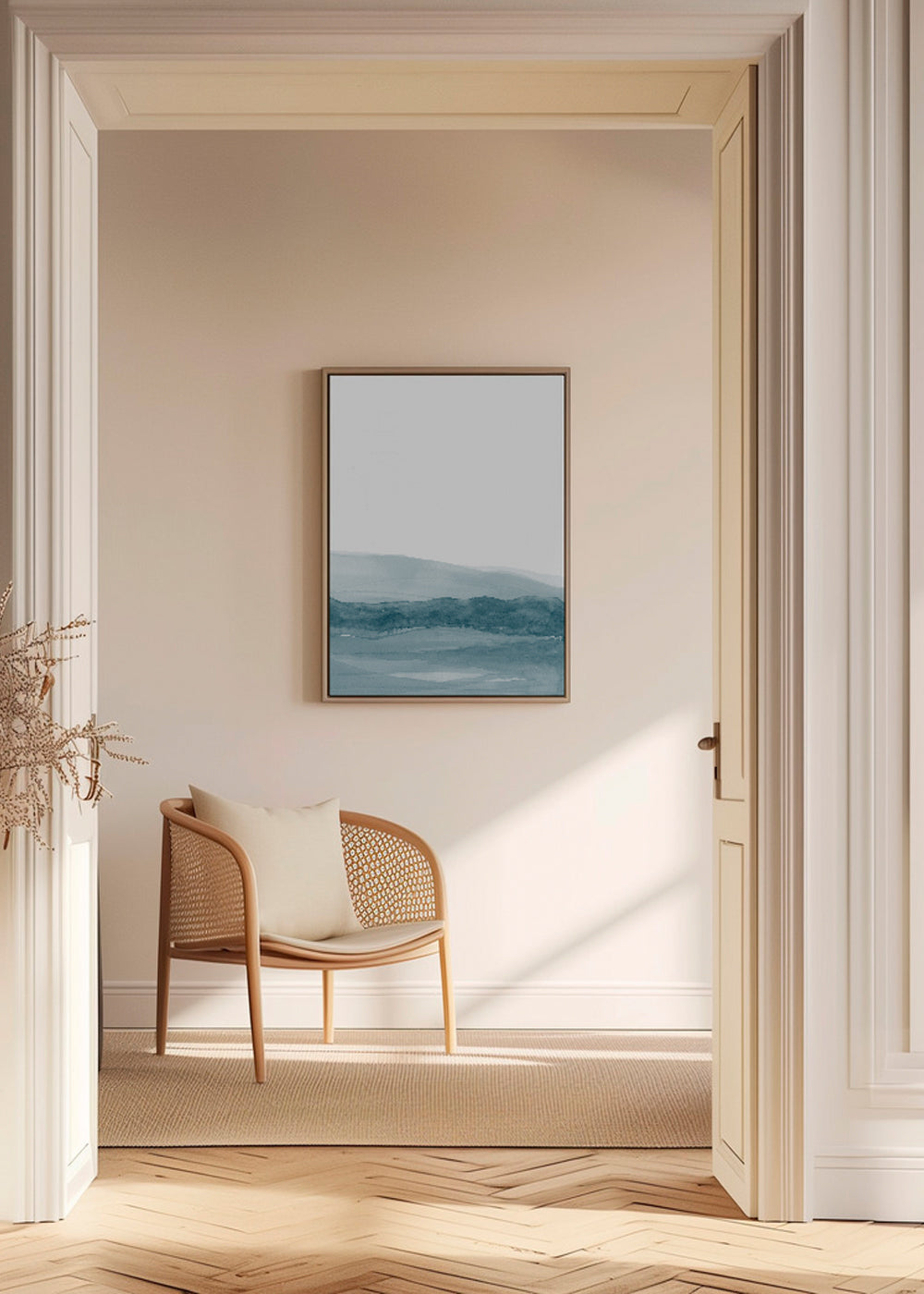 Landschap kunst aquarel met blauwe horizon