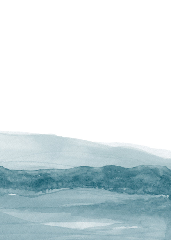Landschap kunst aquarel met blauwe horizon