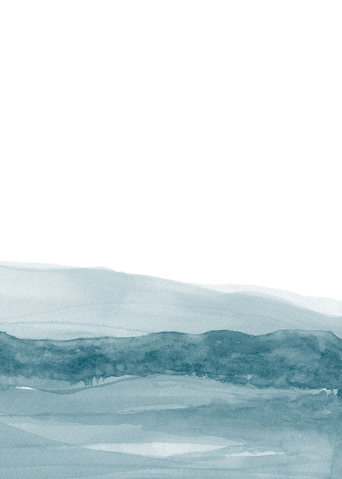 Landschap kunst aquarel met blauwe horizon