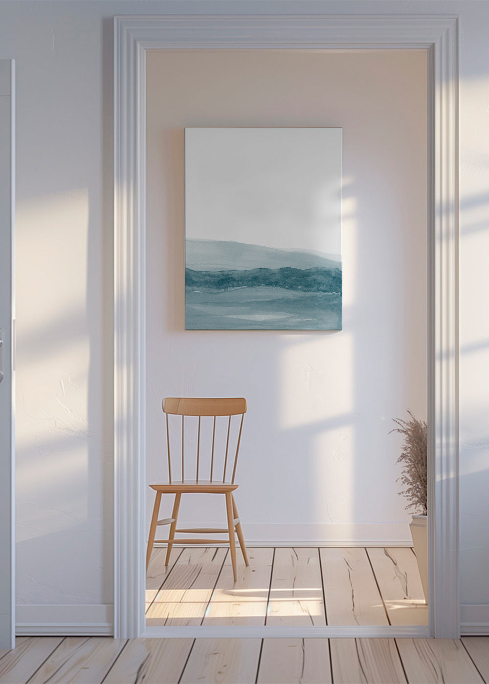 Landschap kunst aquarel met blauwe horizon