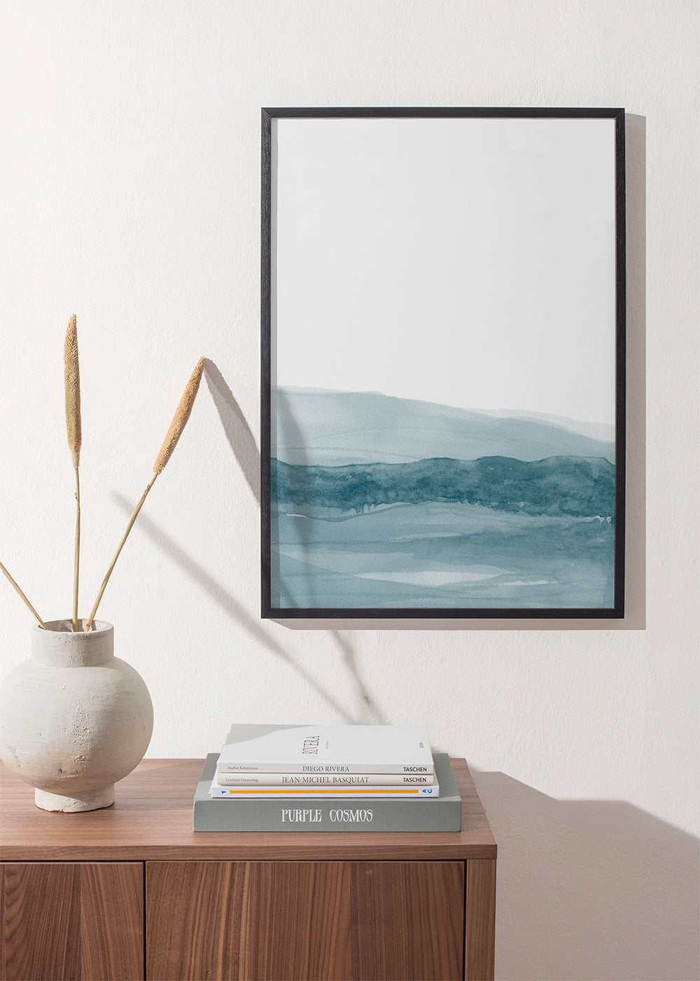 Landschap kunst aquarel met blauwe horizon