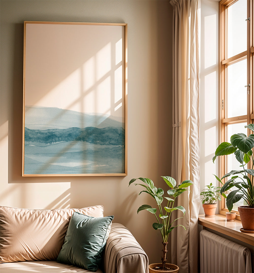 Landschap kunst aquarel met blauwe horizon