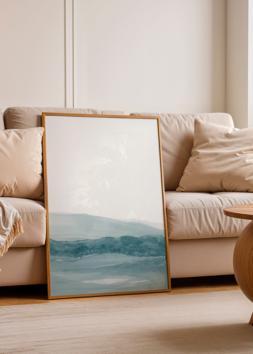 Landschap kunst aquarel met blauwe horizon