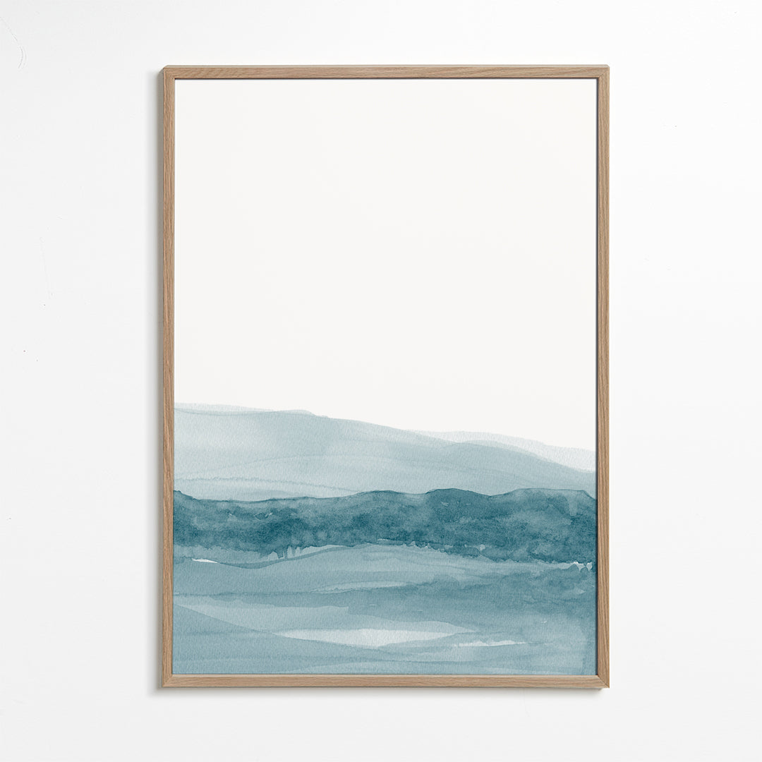 Landschap kunst aquarel met blauwe horizon