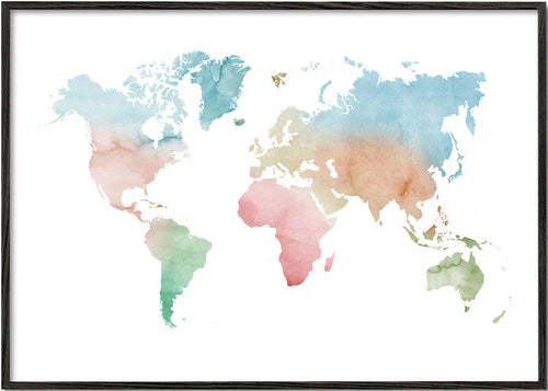 Reisposter: wereldkaart aquarel pastel