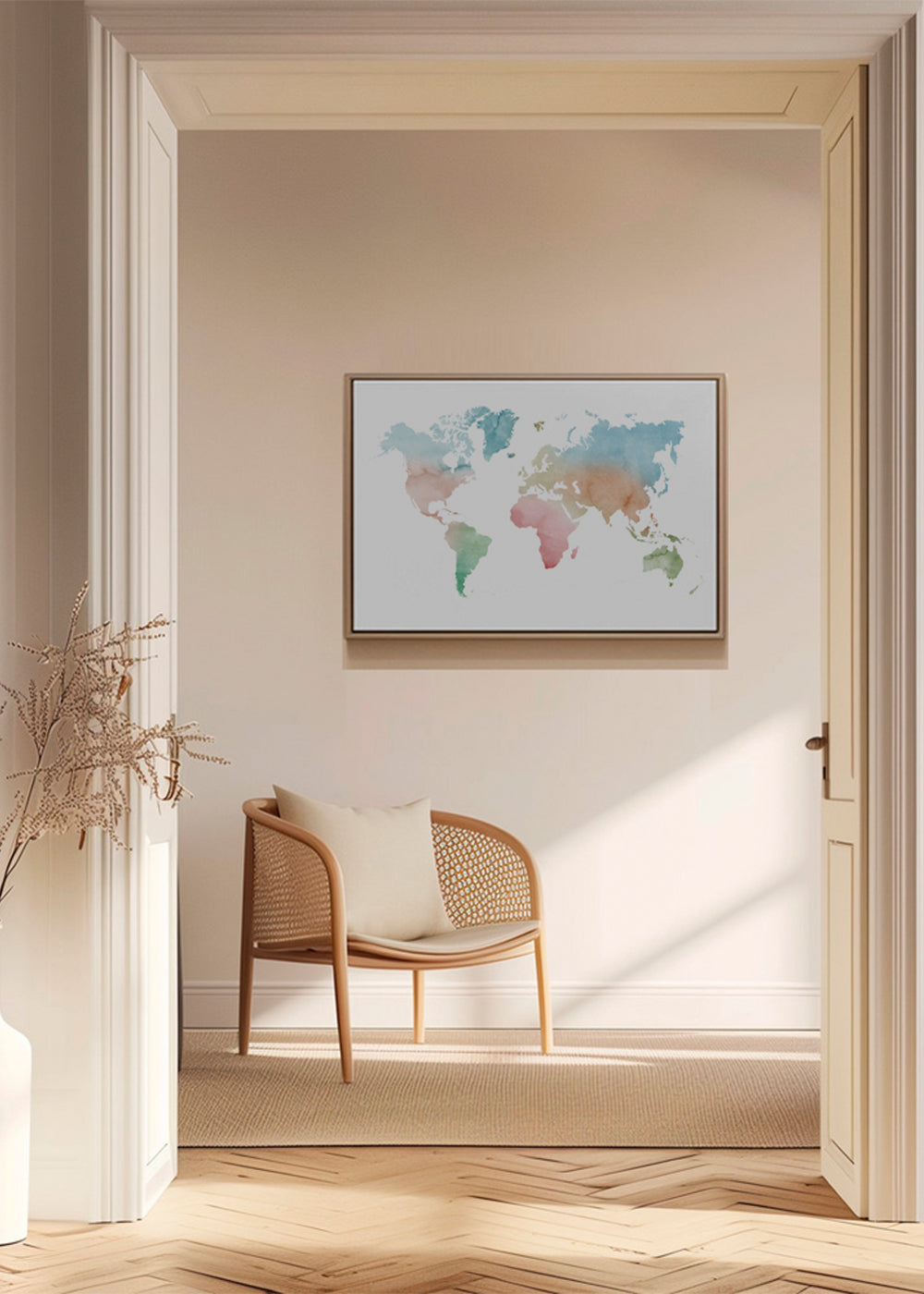 Reisposter: wereldkaart aquarel pastel