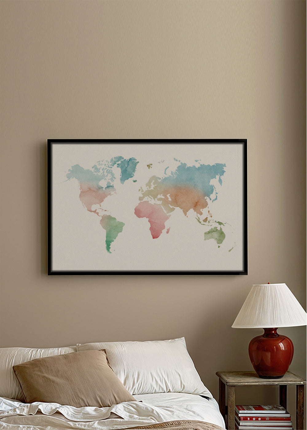 Reisposter: wereldkaart aquarel pastel