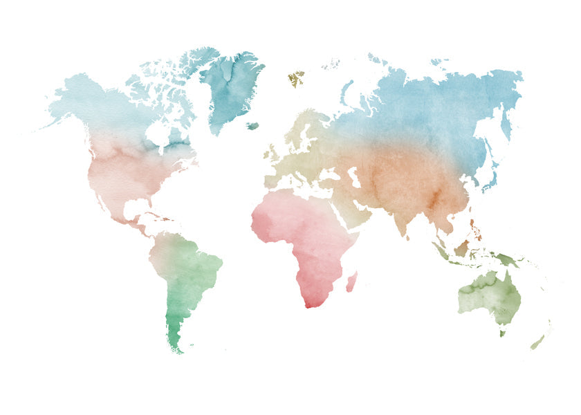 Reisposter: wereldkaart aquarel pastel