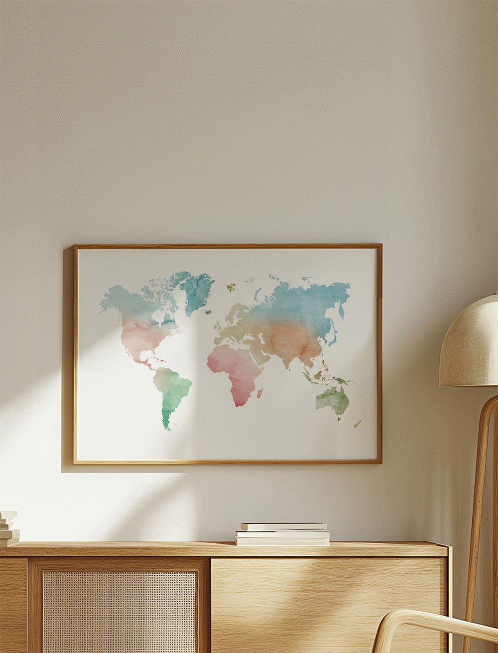 Reisposter: wereldkaart aquarel pastel