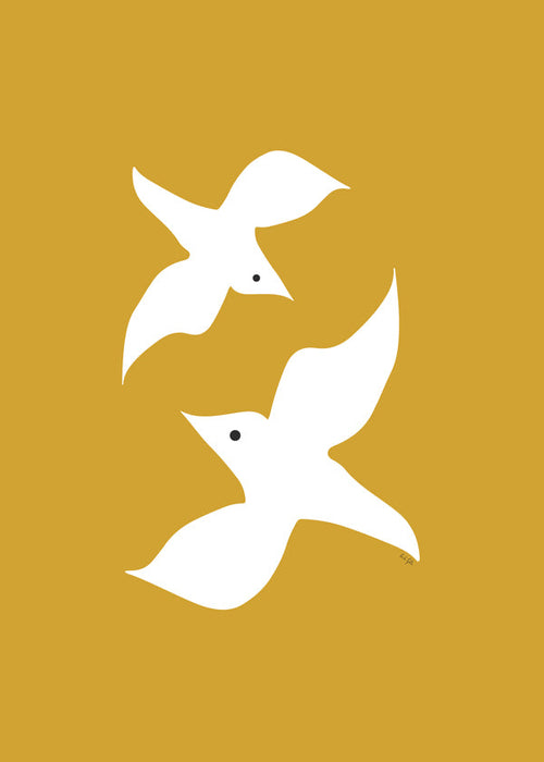 Minimalistische vogelkunst mosterd