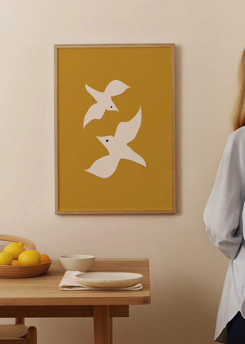 Minimalistische vogelkunst mosterd