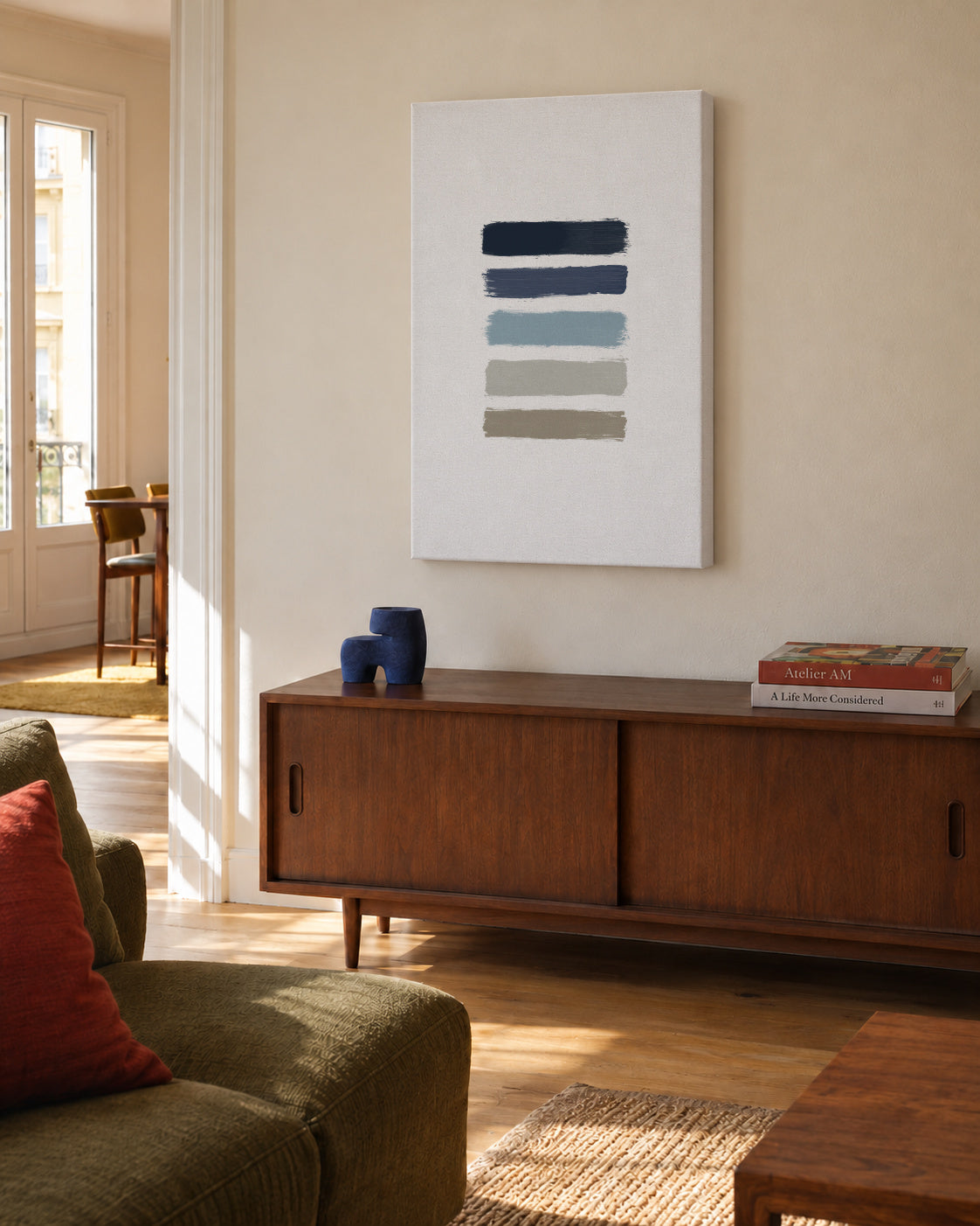 Blue & taupe stripes - Unframed canvas in an interior