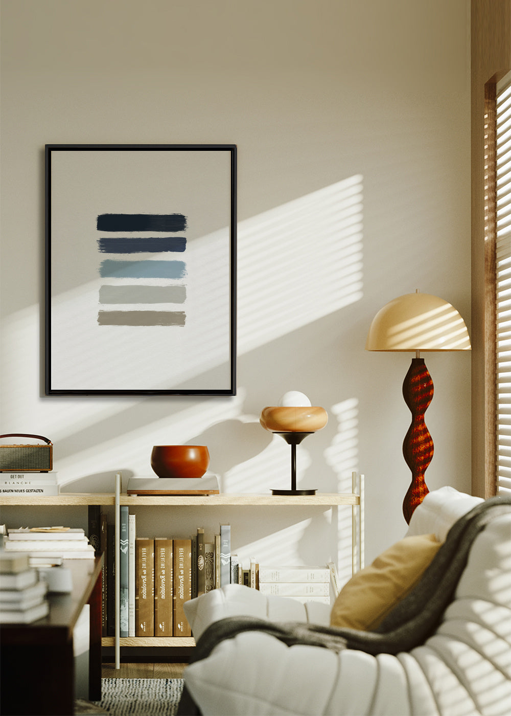 Blue & taupe stripes - Framed canvas in an interior