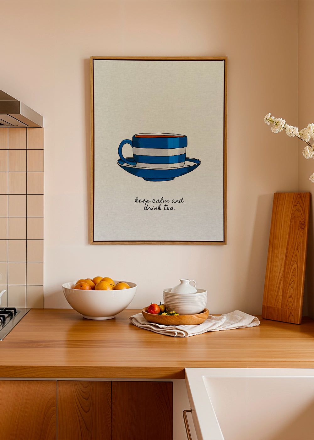 Keuken kunst: gestreepte blauwe kop