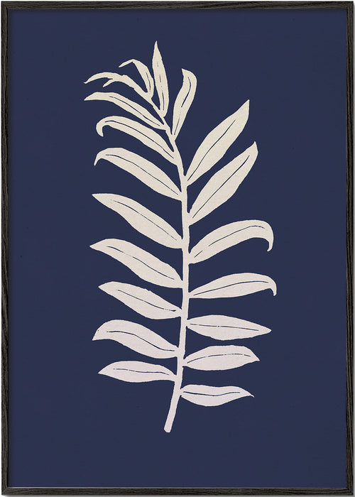 Botanische print: palmblad op diepblauw