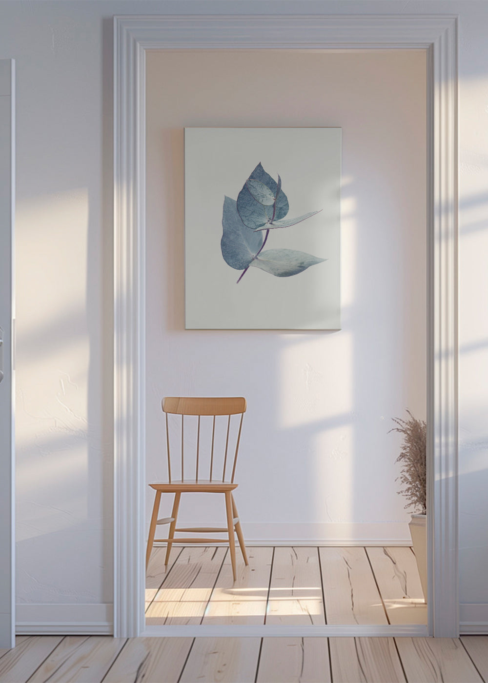 Botanische poster: eucalyptusbladeren in zacht blauw