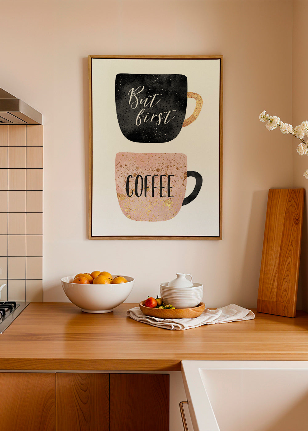 Keuken kunst: geïllustreerde koffiekopjes met tekst