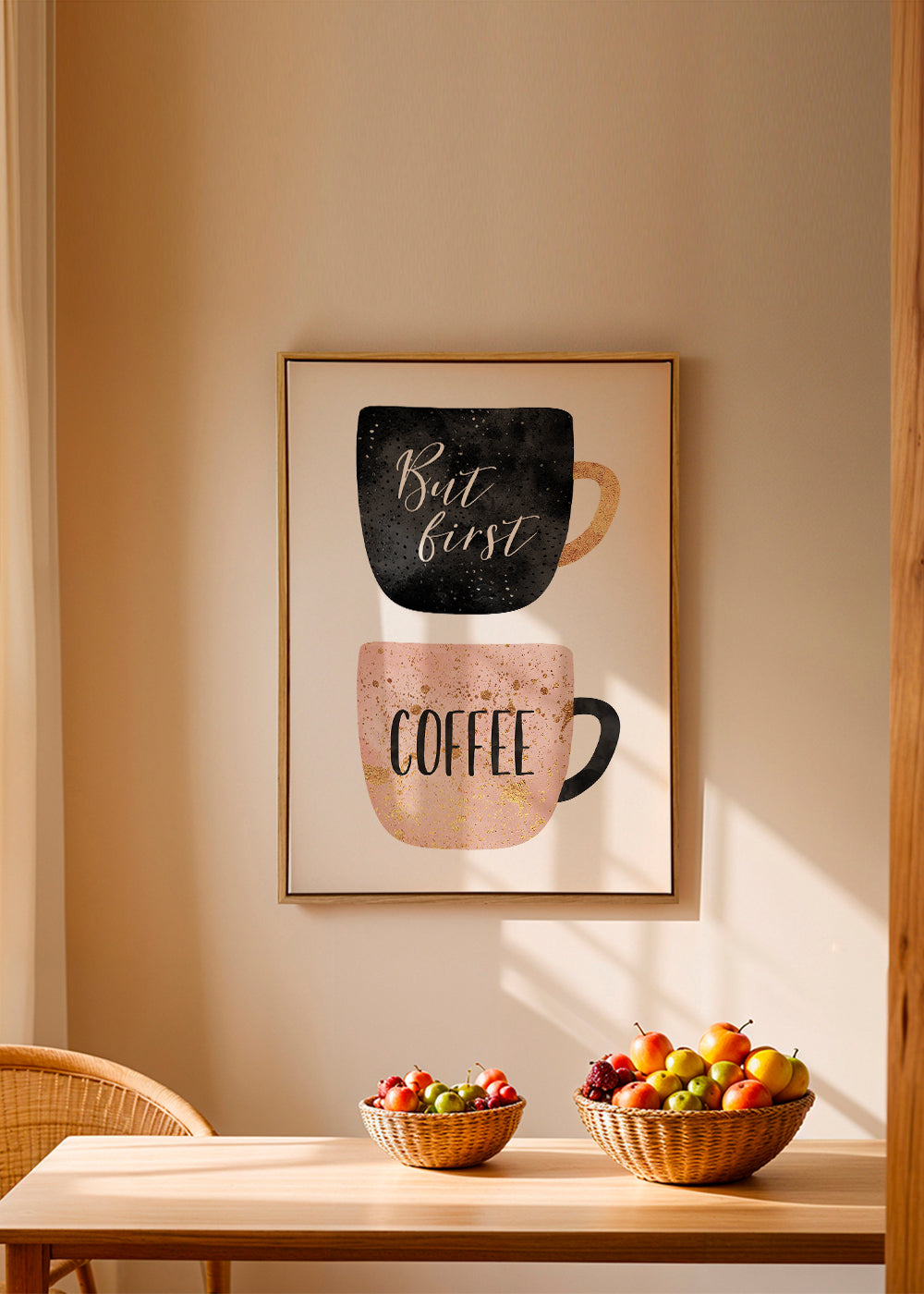 Keuken kunst: geïllustreerde koffiekopjes met tekst