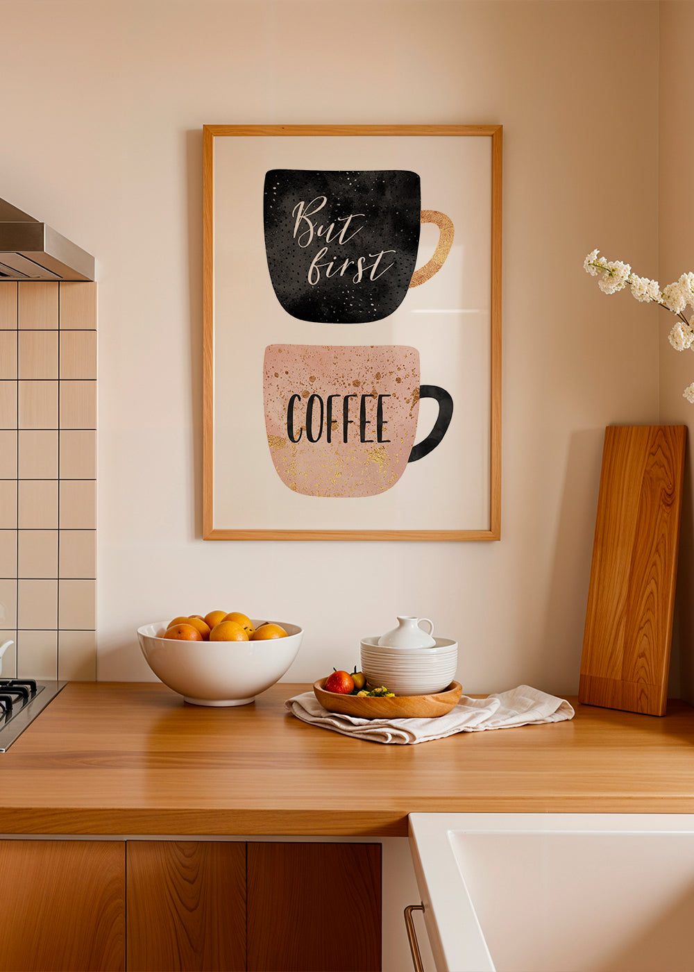 Keuken kunst: geïllustreerde koffiekopjes met tekst