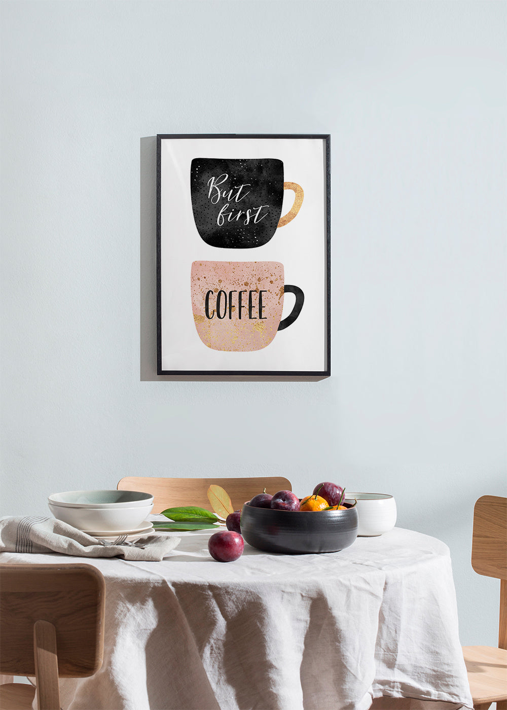 Keuken kunst: geïllustreerde koffiekopjes met tekst