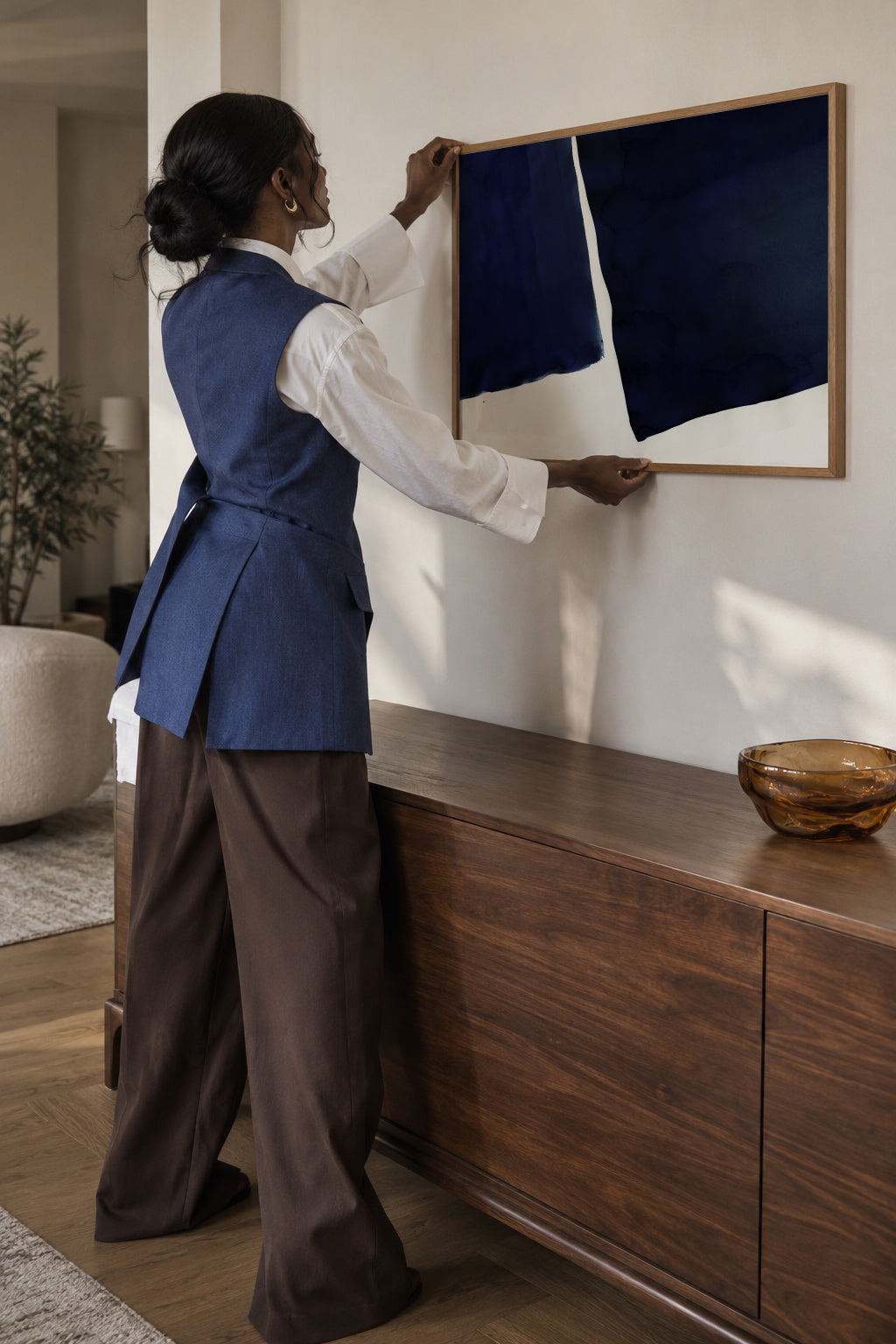 Minimal navy blue abstract 01 - Framed poster in an interior